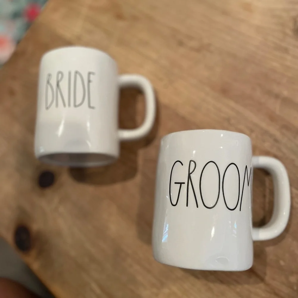 Rae Dunn matching bride and groom mugs EUC.